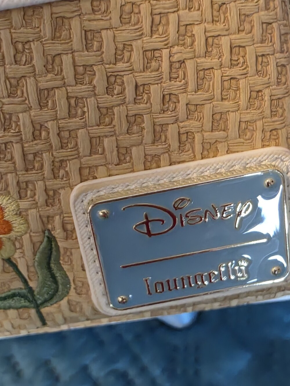 Loungefly Disney Tan Woven Floral Crossbody with Wallet Silver Logo Plate